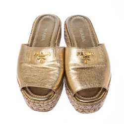 Pre Owned Prada Gold Metallic Leather Espadrille Platform Slides Size 38.5