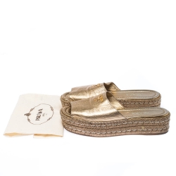 Pre Owned Prada Gold Metallic Leather Espadrille Platform Slides Size 38.5