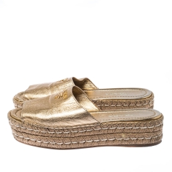 Pre Owned Prada Gold Metallic Leather Espadrille Platform Slides Size 38.5
