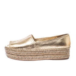 Pre Owned Prada Gold Metallic Leather Peep Toe Platform Espadrilles Size 39