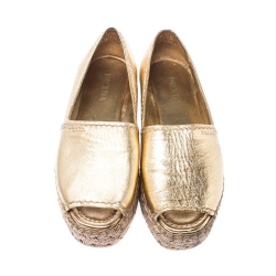 Pre Owned Prada Gold Metallic Leather Peep Toe Platform Espadrilles Size 39