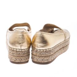 Pre Owned Prada Gold Metallic Leather Peep Toe Platform Espadrilles Size 39
