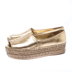 Pre Owned Prada Gold Metallic Leather Peep Toe Platform Espadrilles Size 39