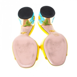 Pre Owned Prada Yellow/Blue Patent Leather Floral Heel Slide Sandals Size 39.5