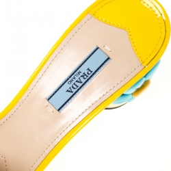 Pre Owned Prada Yellow/Blue Patent Leather Floral Heel Slide Sandals Size 39.5