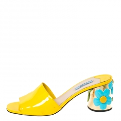 Pre Owned Prada Yellow/Blue Patent Leather Floral Heel Slide Sandals Size 39.5