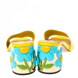 Pre Owned Prada Yellow/Blue Patent Leather Floral Heel Slide Sandals Size 39.5