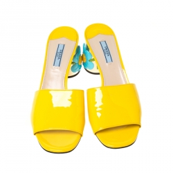 Pre Owned Prada Yellow/Blue Patent Leather Floral Heel Slide Sandals Size 39.5