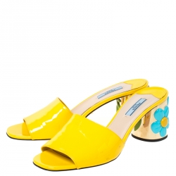 Pre Owned Prada Yellow/Blue Patent Leather Floral Heel Slide Sandals Size 39.5