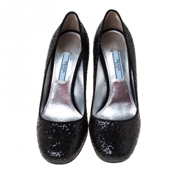 Pre Owned Prada Black Glitter Block Heel Pumps Size 37.5