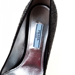 Pre Owned Prada Black Glitter Block Heel Pumps Size 37.5