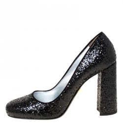 Pre Owned Prada Black Glitter Block Heel Pumps Size 37.5