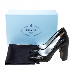 Pre Owned Prada Black Glitter Block Heel Pumps Size 37.5