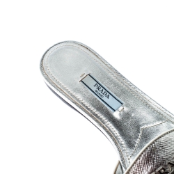 Pre Owned Prada Silver Saffiano Metal Leather Logo Detail Slide Flats Size 36.5