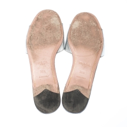 Pre Owned Prada Silver Saffiano Metal Leather Logo Detail Slide Flats Size 36.5