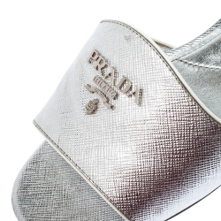 Pre Owned Prada Silver Saffiano Metal Leather Logo Detail Slide Flats Size 36.5
