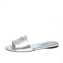 Pre Owned Prada Silver Saffiano Metal Leather Logo Detail Slide Flats Size 36.5