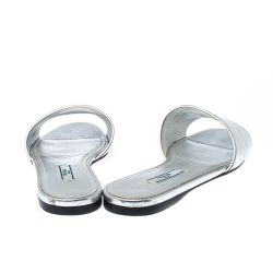 Pre Owned Prada Silver Saffiano Metal Leather Logo Detail Slide Flats Size 36.5
