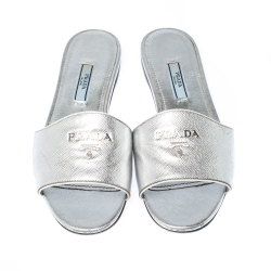 Pre Owned Prada Silver Saffiano Metal Leather Logo Detail Slide Flats Size 36.5