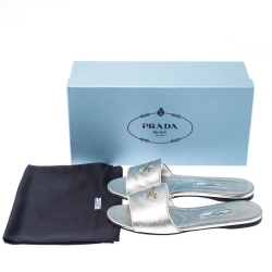 Pre Owned Prada Silver Saffiano Metal Leather Logo Detail Slide Flats Size 36.5