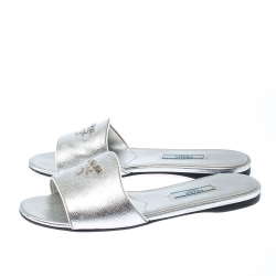 Pre Owned Prada Silver Saffiano Metal Leather Logo Detail Slide Flats Size 36.5