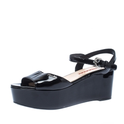 Pre Owned Prada Sport Black Patent Leather Ankle Strap Platform Sandals Size 37