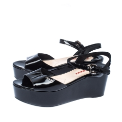 Pre Owned Prada Sport Black Patent Leather Ankle Strap Platform Sandals Size 37