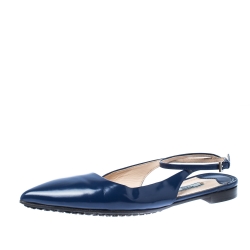 Pre Owned Prada Blue Leather Pointed Toe Ankle Strap Flats Size 37.5