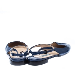 Pre Owned Prada Blue Leather Pointed Toe Ankle Strap Flats Size 37.5