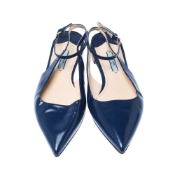 Pre Owned Prada Blue Leather Pointed Toe Ankle Strap Flats Size 37.5