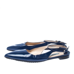 Pre Owned Prada Blue Leather Pointed Toe Ankle Strap Flats Size 37.5