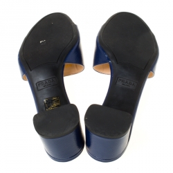 Pre Owned Prada Blue Patent Saffiano Leather Block Heel Slides Size 37