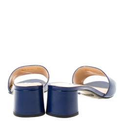 Pre Owned Prada Blue Patent Saffiano Leather Block Heel Slides Size 37