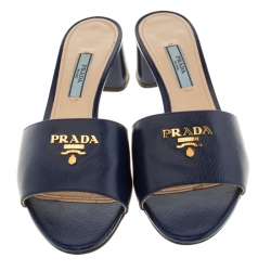 Pre Owned Prada Blue Patent Saffiano Leather Block Heel Slides Size 37