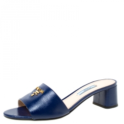 Pre Owned Prada Blue Patent Saffiano Leather Block Heel Slides Size 37