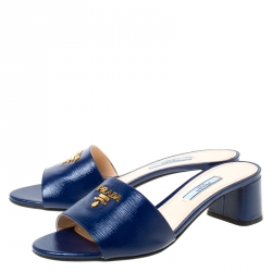 Pre Owned Prada Blue Patent Saffiano Leather Block Heel Slides Size 37