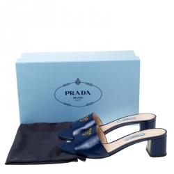 Pre Owned Prada Blue Patent Saffiano Leather Block Heel Slides Size 37