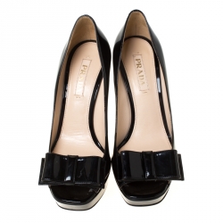 Pre Owned Prada Black Patent Leather Bow Detail Peep Toe Platform Pumps Size 38