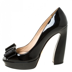 Pre Owned Prada Black Patent Leather Bow Detail Peep Toe Platform Pumps Size 38