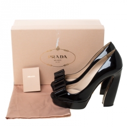 Pre Owned Prada Black Patent Leather Bow Detail Peep Toe Platform Pumps Size 38