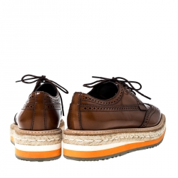 Pre Owned Prada Brown Brogue Leather Oxford Espadrille Sneakers Size 36.5