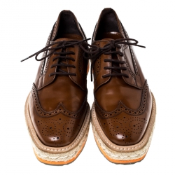 Pre Owned Prada Brown Brogue Leather Oxford Espadrille Sneakers Size 36.5