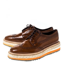 Pre Owned Prada Brown Brogue Leather Oxford Espadrille Sneakers Size 36.5