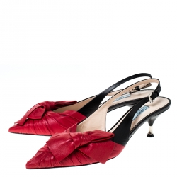 Pre Owned Prada Red/Black Leather Bow Detail Pointed Toe Slingback Sandals Size 39.5