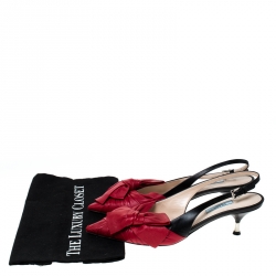 Pre Owned Prada Red/Black Leather Bow Detail Pointed Toe Slingback Sandals Size 39.5