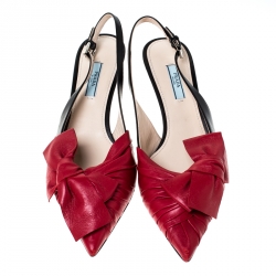 Pre Owned Prada Red/Black Leather Bow Detail Pointed Toe Slingback Sandals Size 39.5