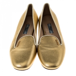 Pre Owned Prada Metallic Gold Saffiano Leather Smoking Slippers Size 36