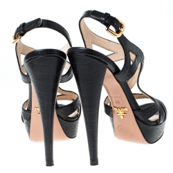 Prada Black Croc Embossed Leather Cutout Sandals Size 36
