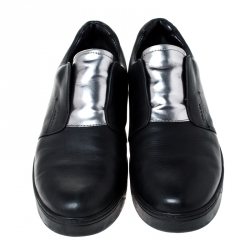 Pre Owned Prada Black/Silver Leather Slip On Sneakers Size 39.5