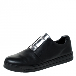 Pre Owned Prada Black/Silver Leather Slip On Sneakers Size 39.5